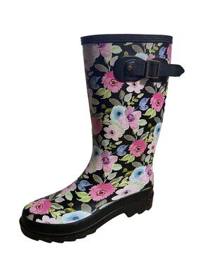 Blue Mountain Womens Floral Print Waterproof Rubber Rain Boots Size 6